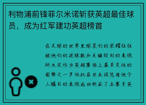 利物浦前锋菲尔米诺斩获英超最佳球员，成为红军建功英超榜首